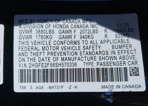 2025 Honda Civic Sport z USA, uszkodzony, nr VIN 2HGFE2F56SH570336